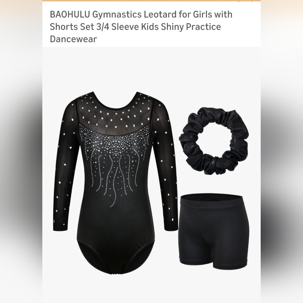 BAOHULU Black Girls' Long Sleeve Rhinestone Leotard with Shorts & Scrunchie
